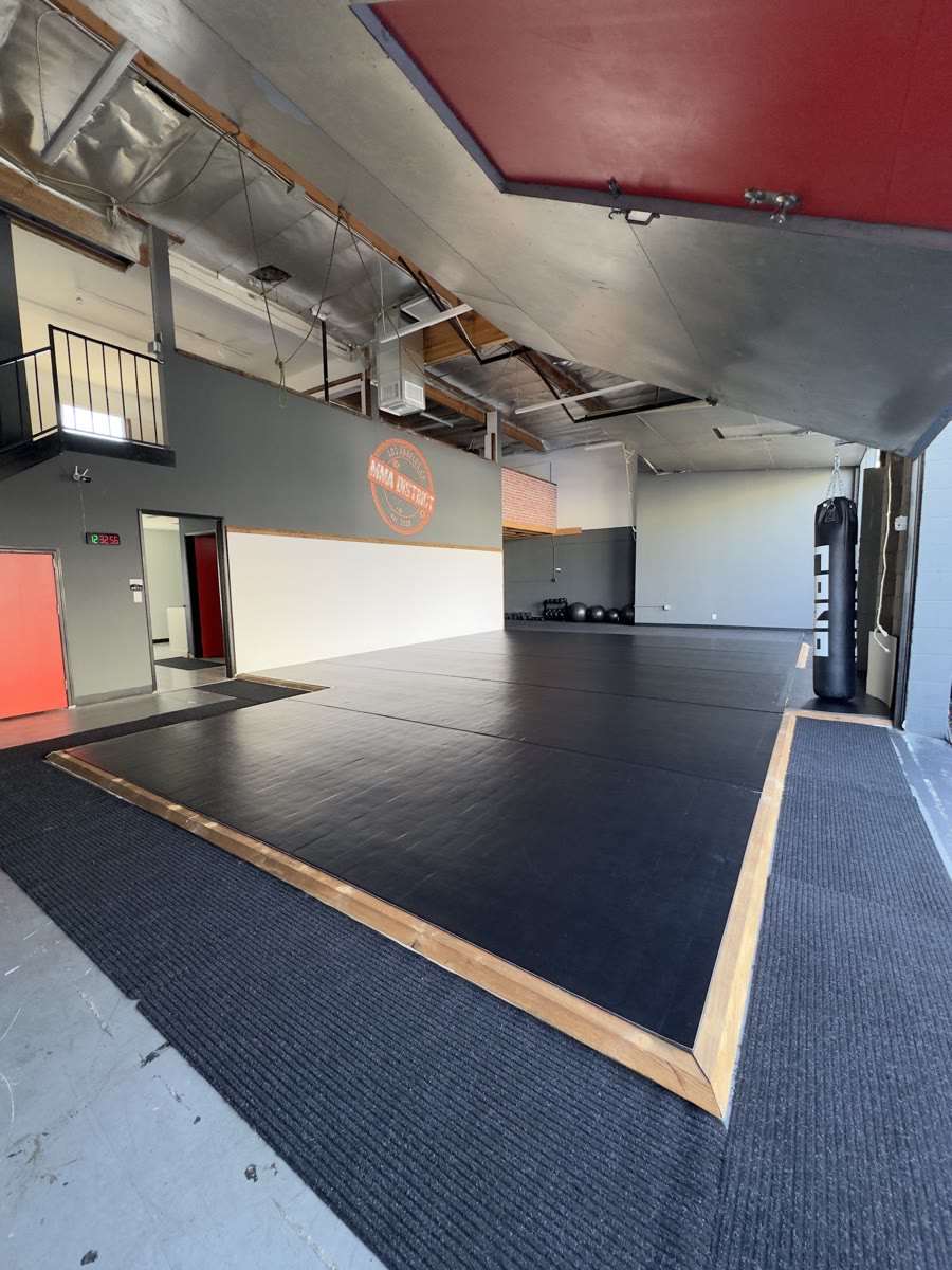 Inside MMA District: the matted training floor, painted wall logo, and heavy bag